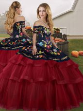 Comfortable Wine Red Ball Gowns Embroidery and Ruffled Layers Sweet 16 Dresses Lace Up Tulle Sleeveless Comfortable Wine Red Ball Gowns Embroidery and Ruffled Layers Sweet 16 Dresses Lace Up Tulle Sleeveless