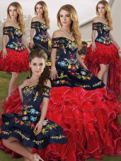 Floor Length Lace Up Quinceanera Gowns Red And Black for Military Ball and Sweet 16 and Quinceanera with Embroidery and Ruffles Floor Length Lace Up Quinceanera Gowns Red And Black for Military Ball and Sweet 16 and Quinceanera with Embroidery and Ruffles